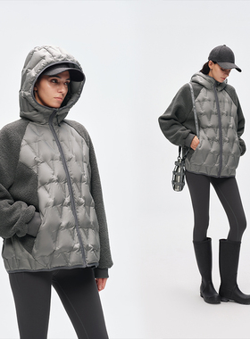 压胶菱纹面料 半圆女装[运动]2025冬连帽宽松卫衣式拼接羽绒服女