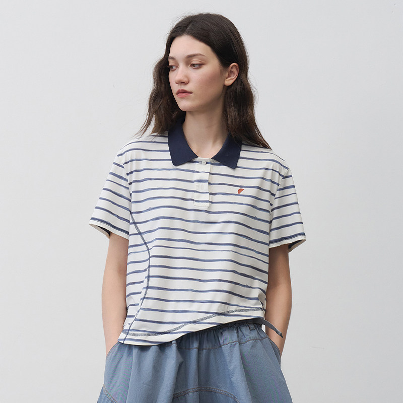 半圆女装[运动]2026夏季薄款休闲宽松Polo领晕染条纹t恤女上衣