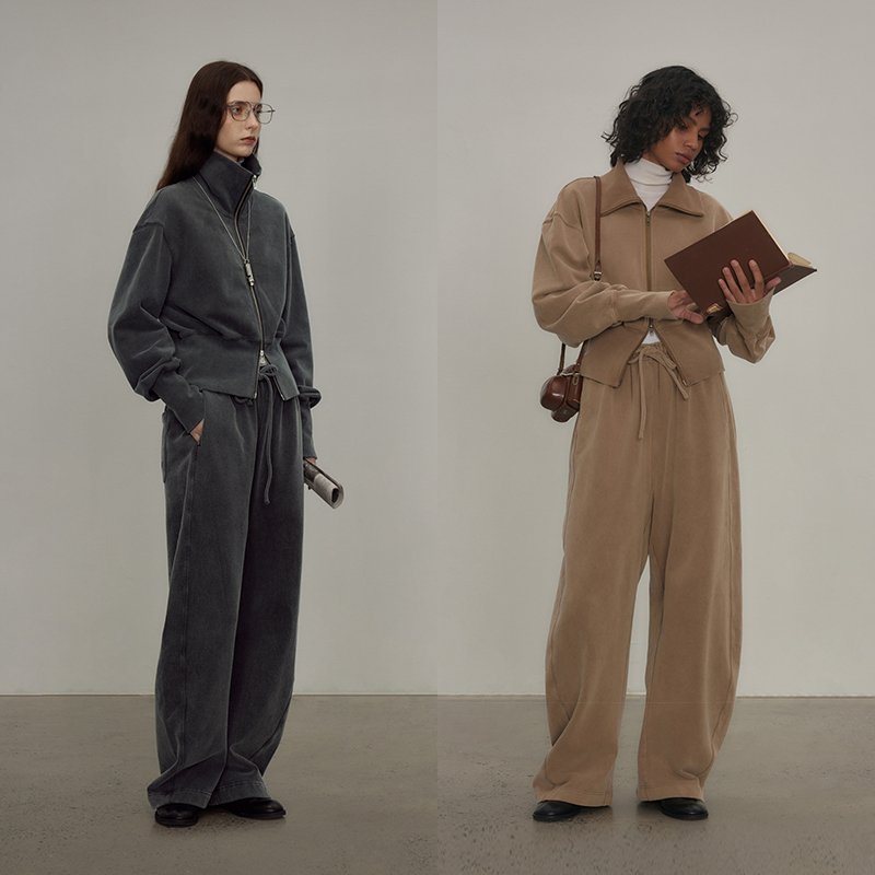 定制丝绒感重磅针织半圆原创2023冬季新款简约休闲翻领开衫卫衣