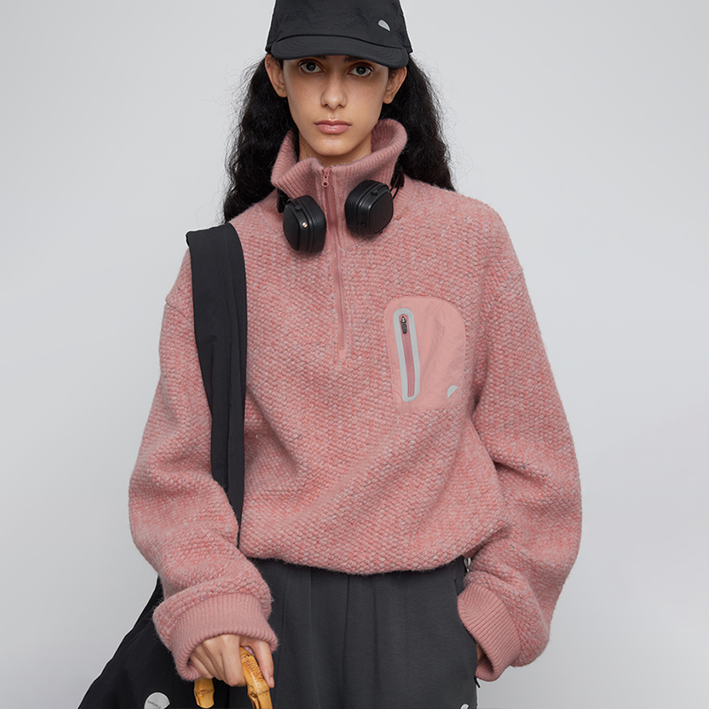羊毛混纺 半圆女装[运动]2025秋季桃粉色翻领宽松休闲花纱卫衣女