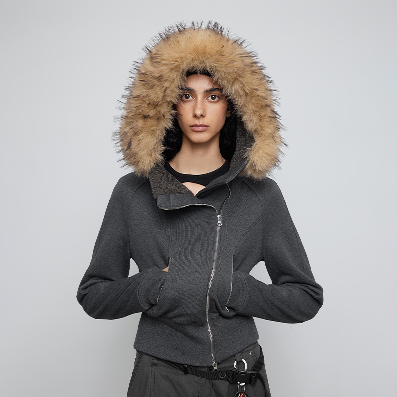 仿羊羔毛绒 半圆女装[复古]2025秋季带帽毛领斜门襟毛绒内胆外套