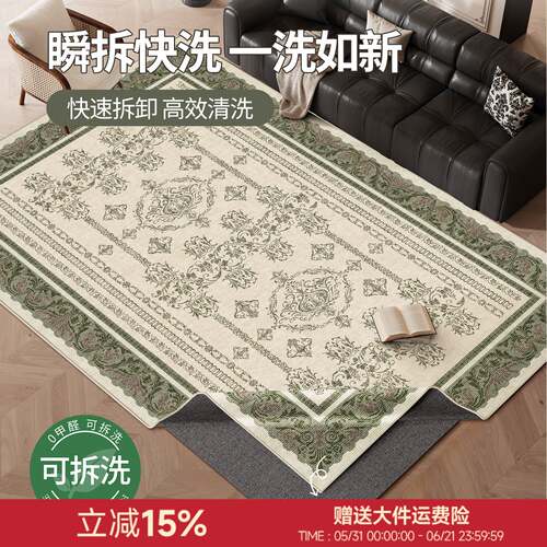波斯风可拆洗地毯客厅中古风绿色沙发法式轻奢高级卧室地垫可机洗