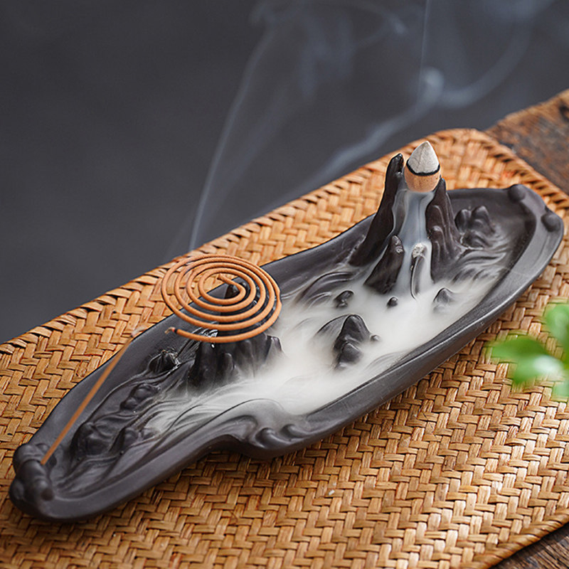 倒流香炉高山流水陶瓷创意摆件茶道檀香家用室内线香炉环香薰炉