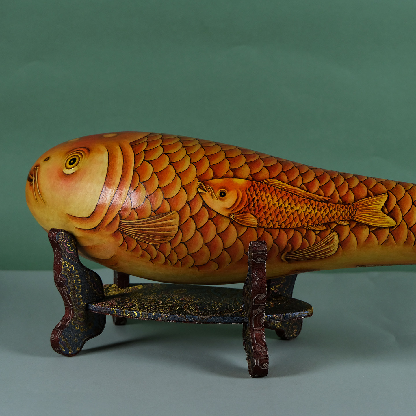 坐忘堂 天然葫芦手工烙画烫画彩色大鱼锦鲤 客厅玄关摆件一物一拍