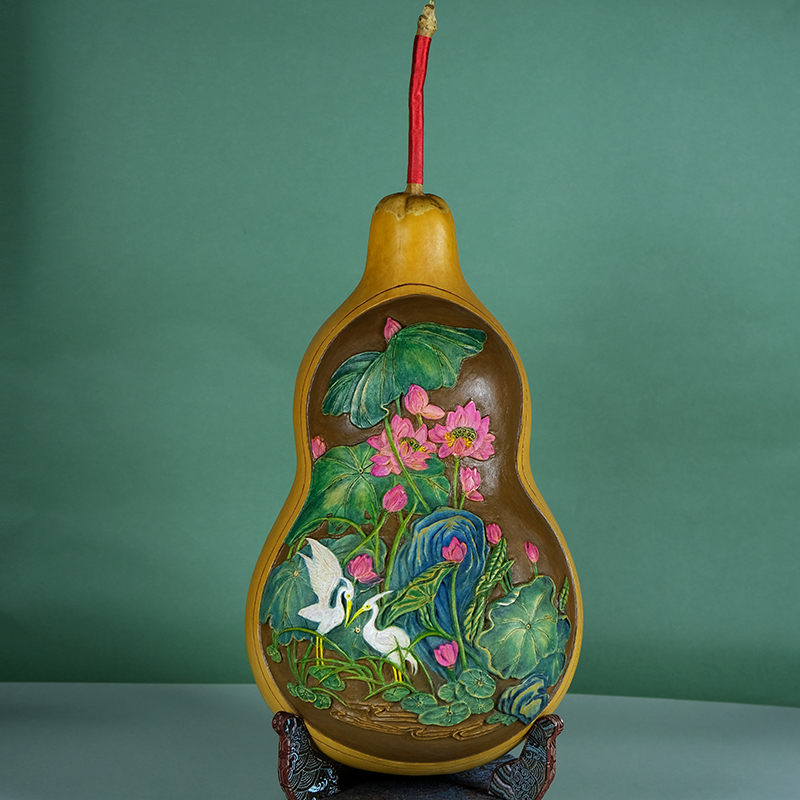 坐忘堂 天然葫芦手工浮雕荷花烙画烫画  客厅电视柜玄关摆件装饰图片