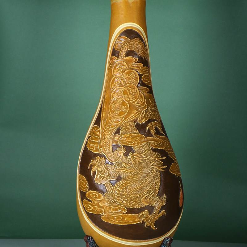 坐忘堂 天然葫芦手工浮雕飞龙烙画烫画  客厅电视柜玄关摆件装饰