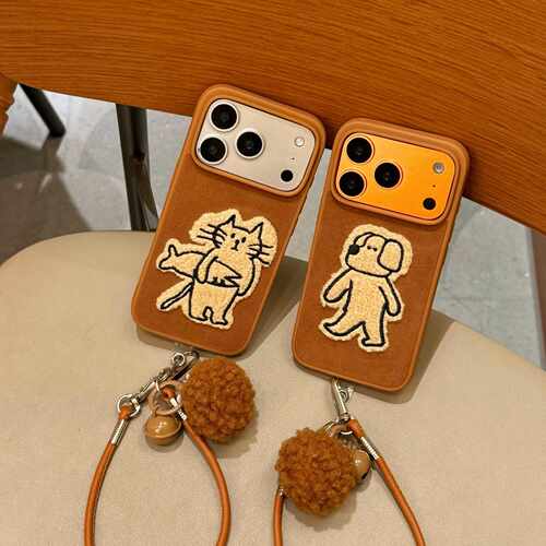 卡通猫狗刺绣适用苹果18/17promax手机壳iPhone16/15手绳华为小米
