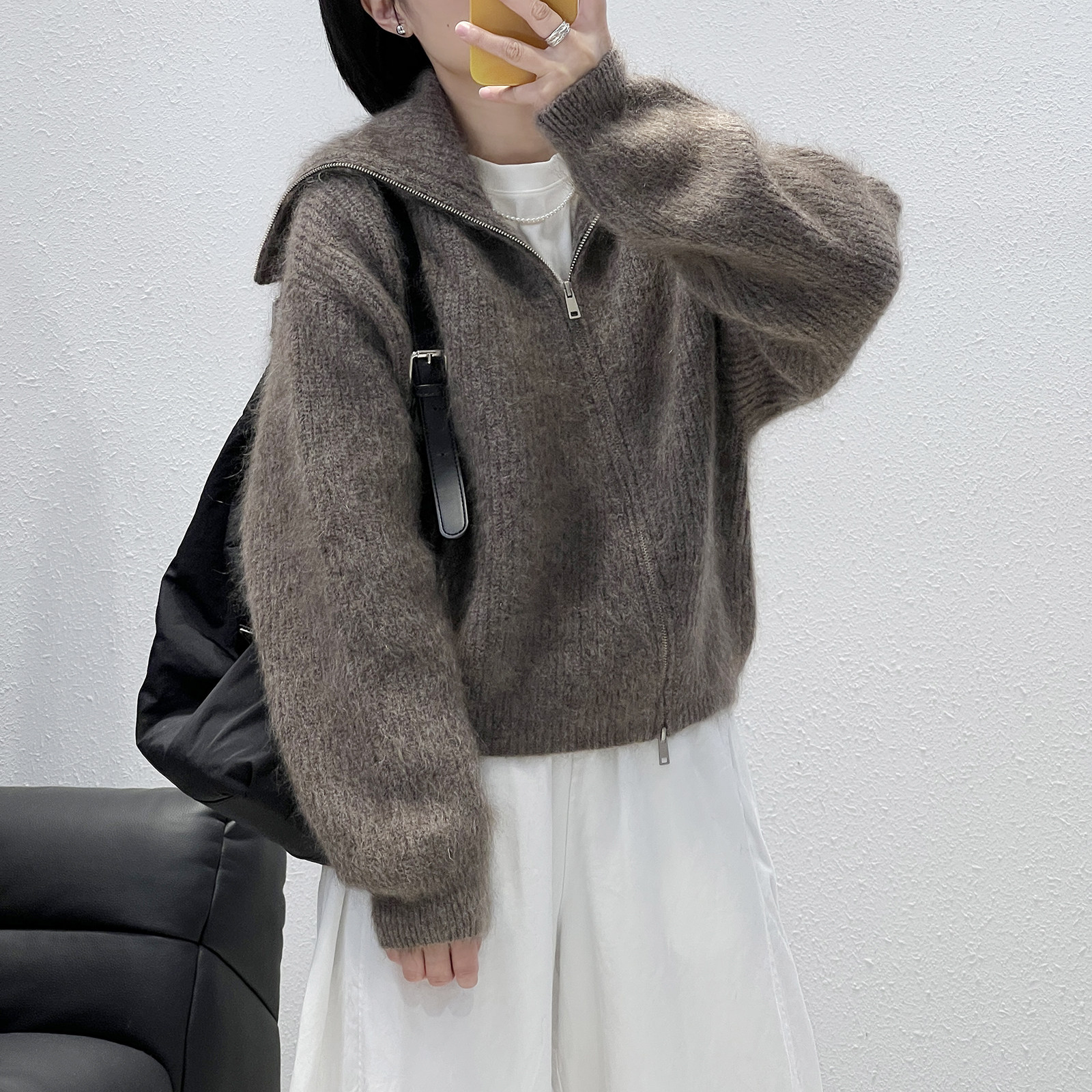 幼崽马海毛斜拉链加厚开衫