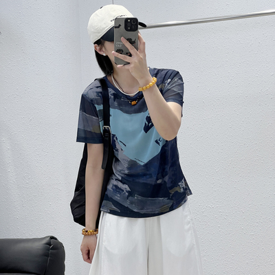 高弹水墨画网纱短袖上衣