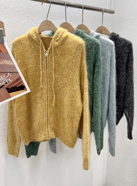 12.25 福利 GMI-8282韩版双拉链头绵羊毛拉毛连帽花纱开衫