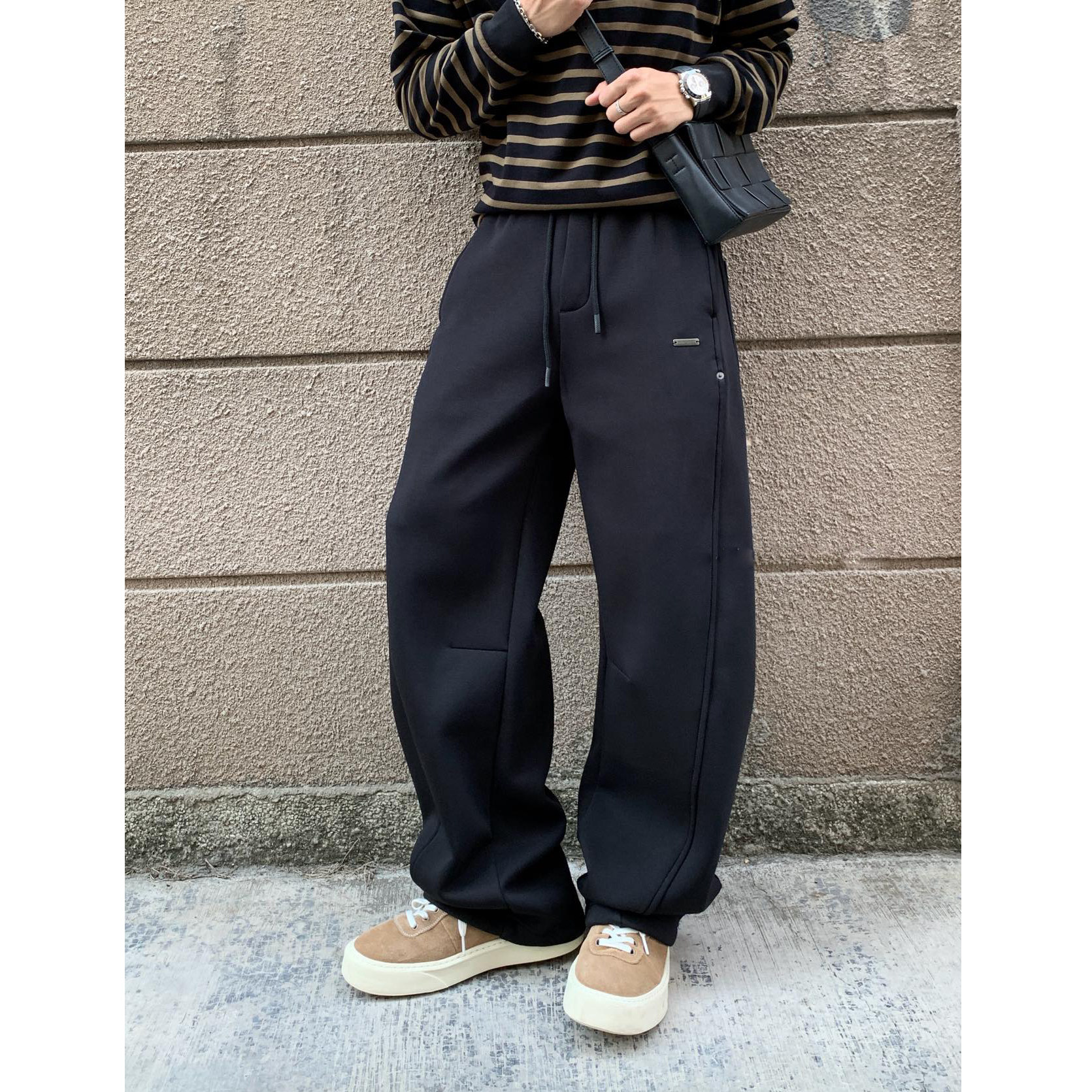 抽绳松紧腰男士厚绒弯刀裤