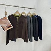 福利 HONG 27115韩版 2.4 小口袋撞色领全羊毛开衫