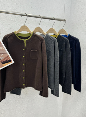 12.9 福利 HONG-27115韩版小口袋撞色领全羊毛开衫