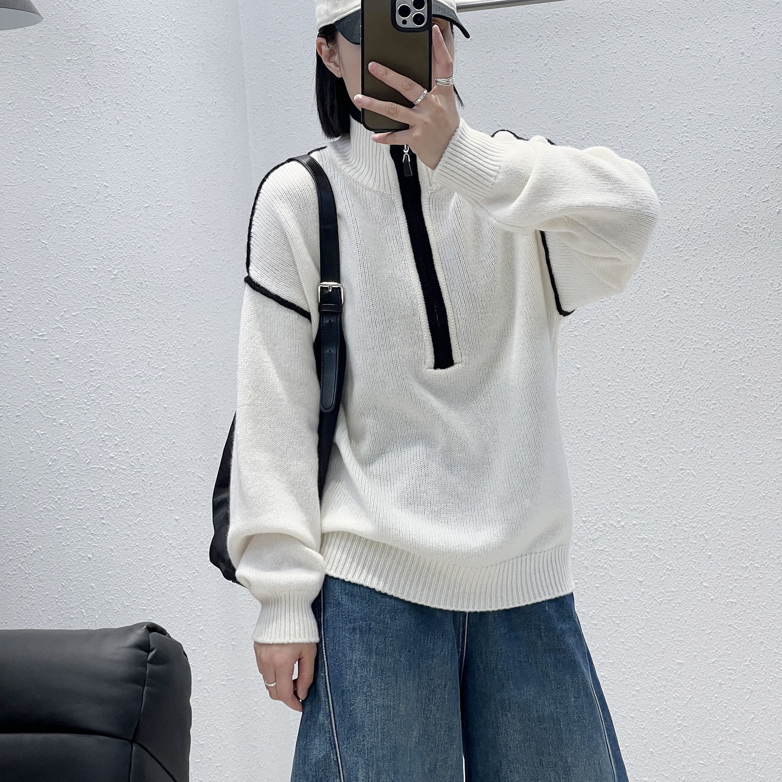 撞色半拉链立领加厚宽松全羊毛衫