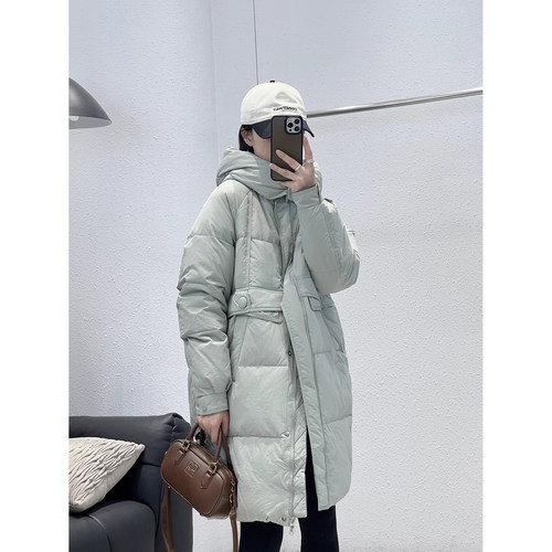 白鸭绒连帽中长款厚羽绒服外套