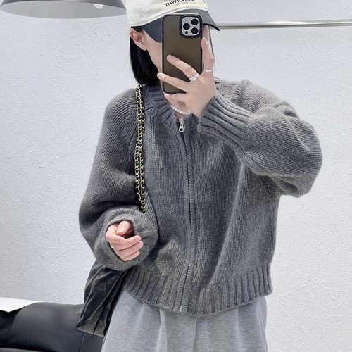 轻奢高配拉链圆领粗线浣熊毛开衫