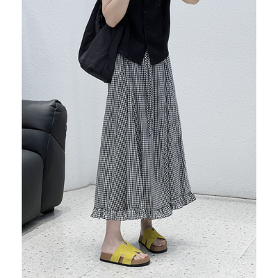 抽绳松紧腰荷叶边大裙摆半身裙