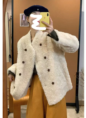 12.25 冬季新款 QI-510韩版麂皮绒一体100羊毛双排扣羊羔毛厚外套