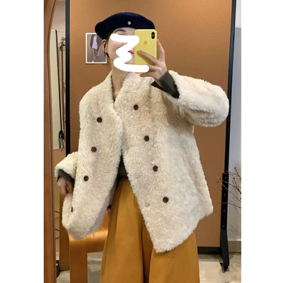 100羊毛双排扣羊羔毛厚外套