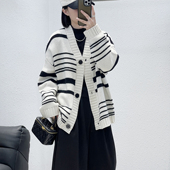 福利 CHUQ 6829韩版 11.29 高密条纹V领加厚全羊毛大开衫