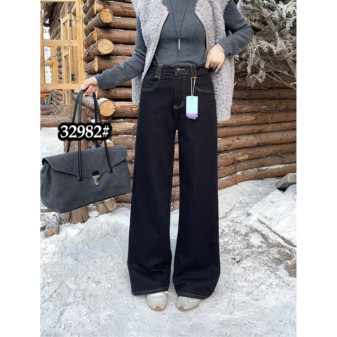 高弹大长腿百搭植绒牛仔直筒裤