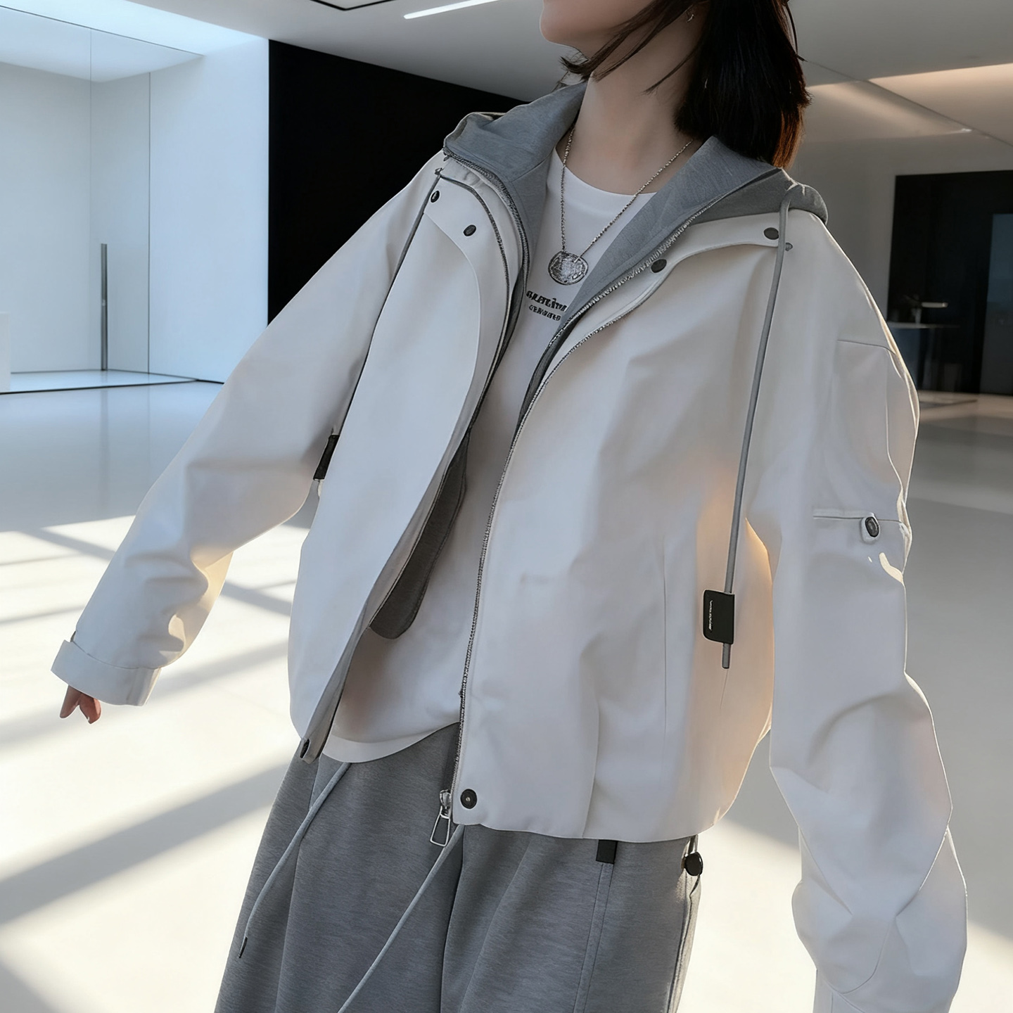 休闲时尚假两件棒球服外套女春秋连帽冲锋衣夹克休闲宽松短款上衣