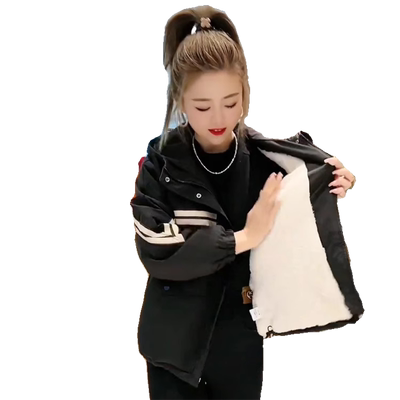 加绒加厚连帽冲锋衣外套女