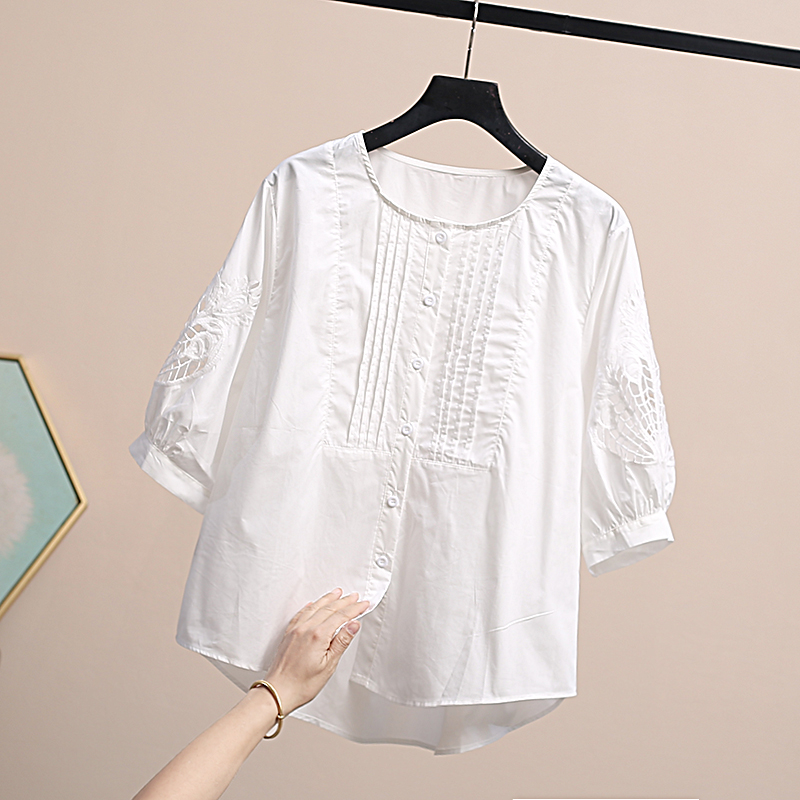镂空绣花短袖衬衫女