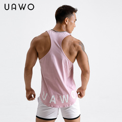 uawo夏季新款背心男士圆领印花健身无袖T恤侧开圆弧下摆休闲运动