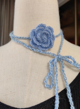 【纯手工马海毛】蓝色梦幻圆玫瑰手工配饰crochet roses necklace