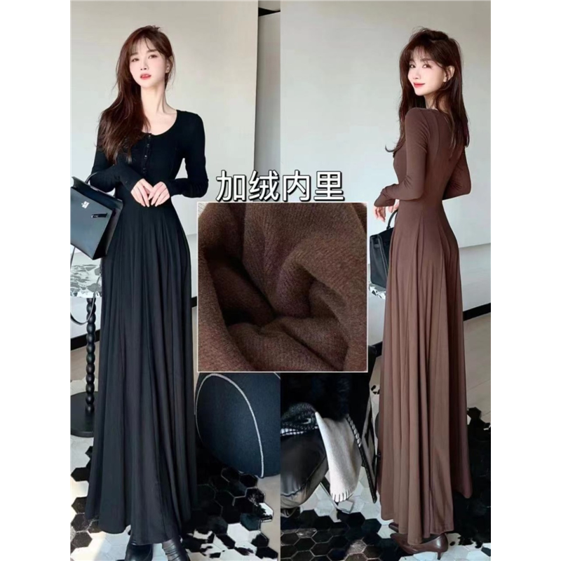 JUSTCC卡卡女装冬季舒适老钱风高级感气质温柔加绒连衣裙