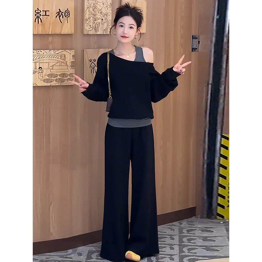 JOYIASS休闲运动套装女2025秋季新款洋气显瘦假两件露肩上衣阔腿