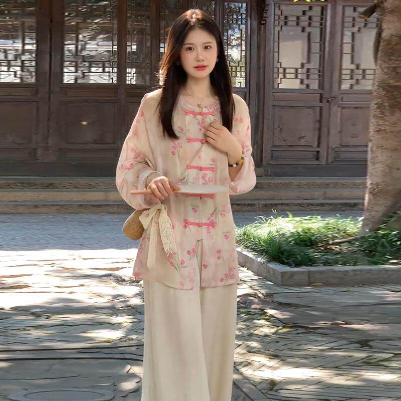 JOYIASS新中式时尚套装女2025秋季新款洋气宽松显瘦盘扣衬衫阔腿