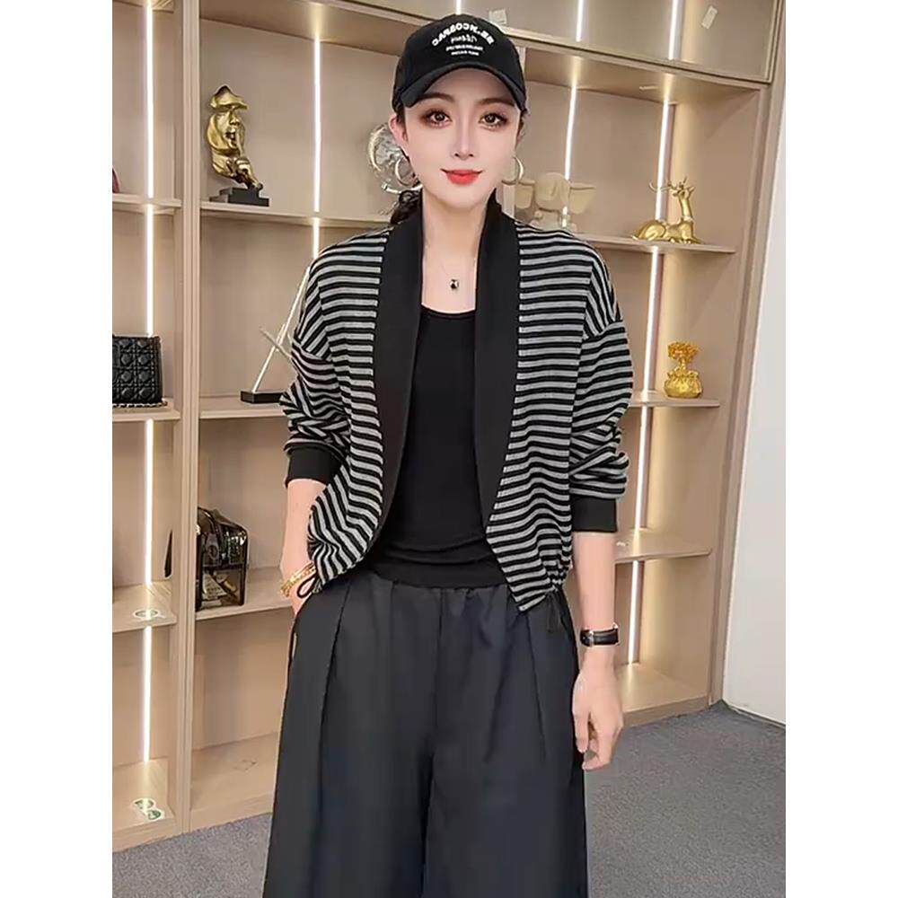 JOYIASS时尚休闲短外套女2025秋季新款洋气时髦条纹宽松减龄针织