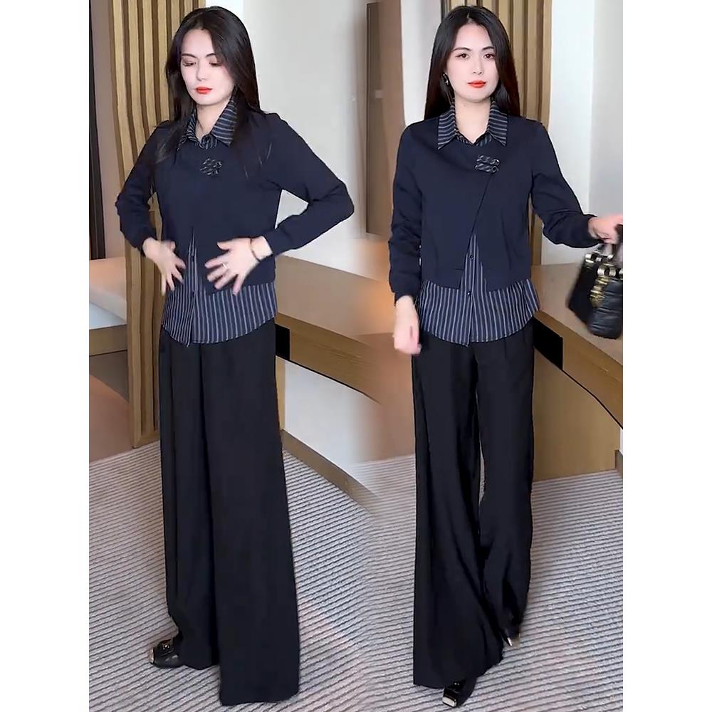 JOYIASS时尚套装女2025秋季新款时髦洋气显瘦假两件衬衫阔腿裤减