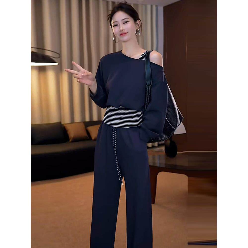 JOYIASS休闲运动套装女2025秋季新款洋气显瘦宽松露肩卫衣阔腿裤