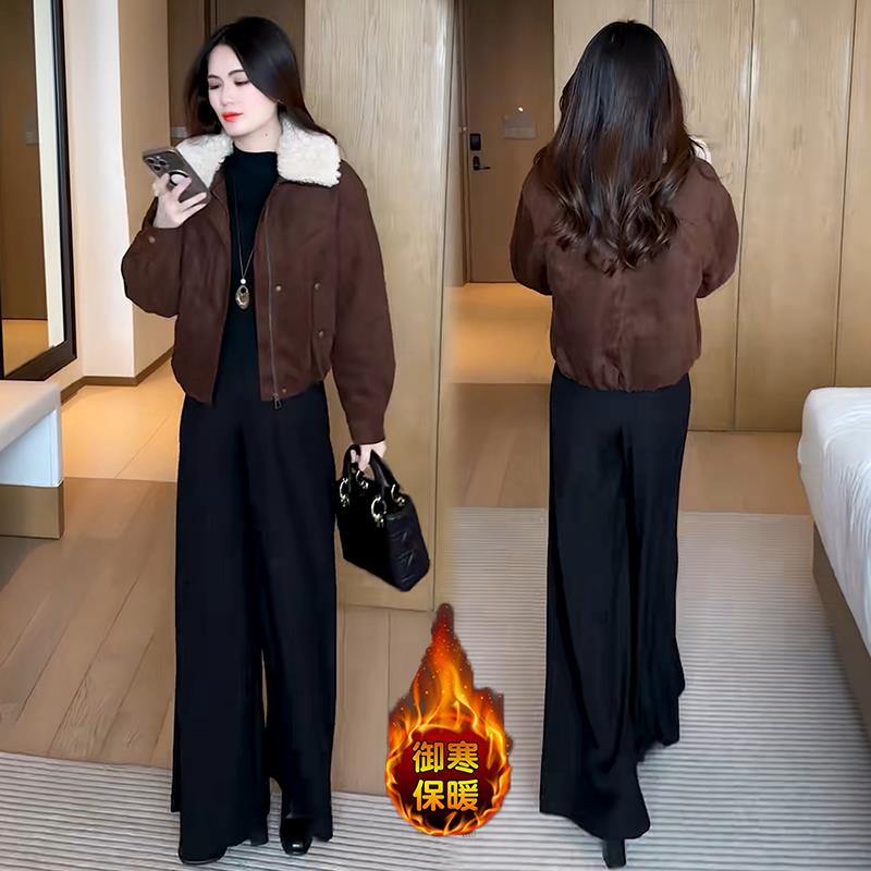 JOYIASS冬季麂皮绒衣外套女2025新款洋气宽松显瘦羊羔毛翻领保暖
