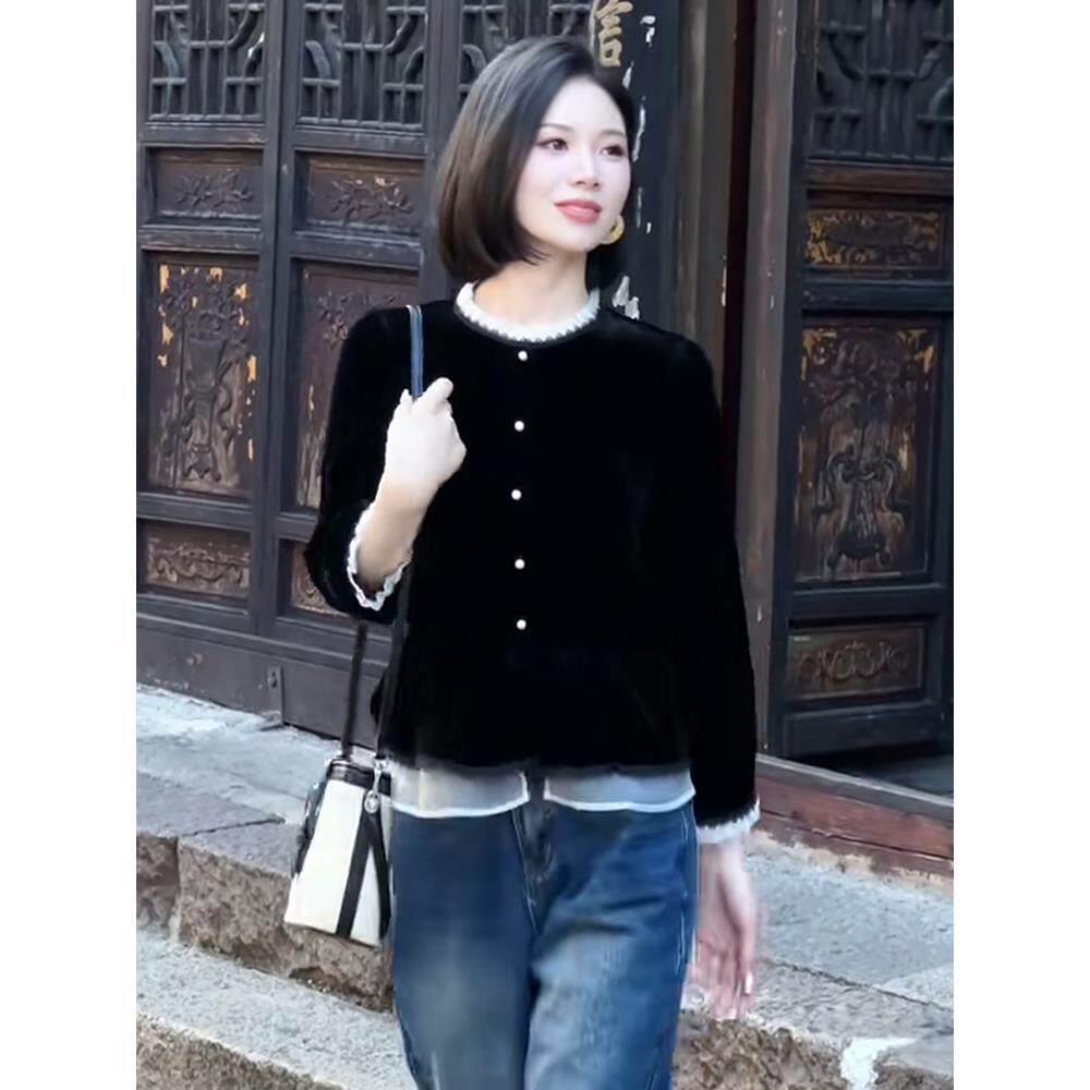 JOYIASS高级感金丝绒衬衫女士国风上衣服2025秋季新款洋气显瘦假