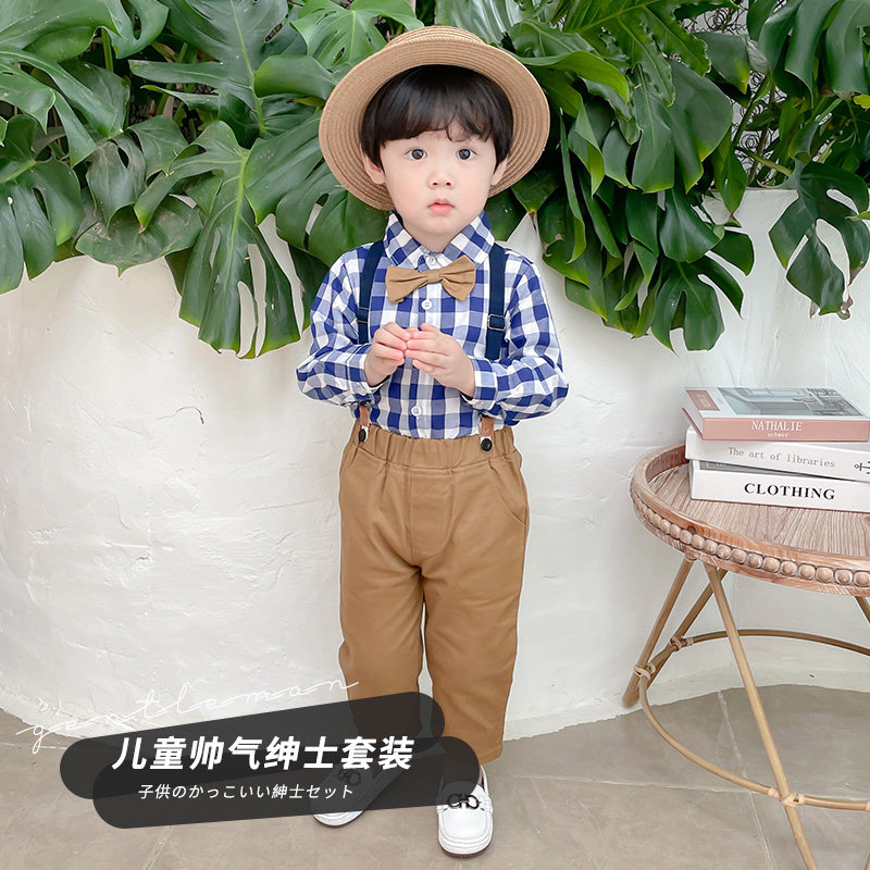 男童周岁礼服春秋英伦西服3小童花童西装宝宝抓周背带裤格子衬衫