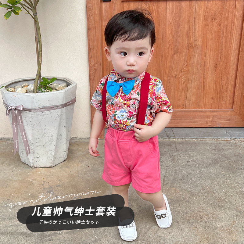 男童周岁礼服夏季宝宝背带套装花衬衫田园风洋气西装婴儿西服薄款