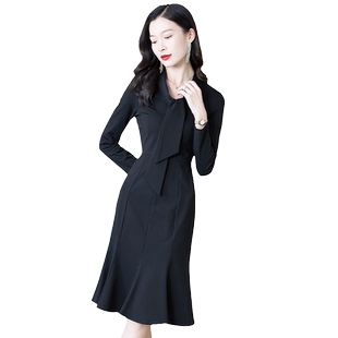 2026秋季新款女装轻奢黑色高级感修身显瘦气质长袖包臀鱼尾连衣裙