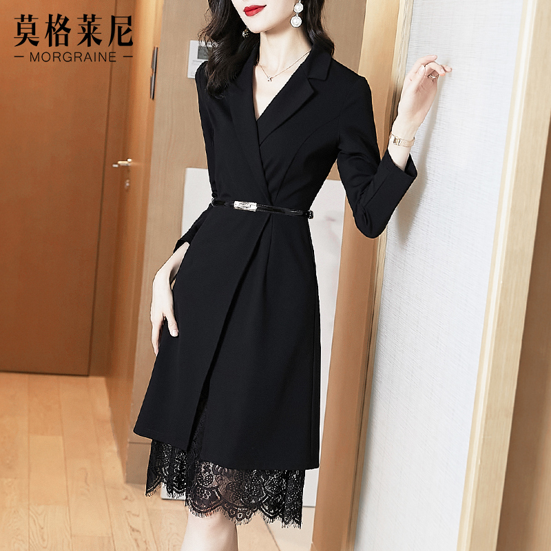 通勤黑色西装领连衣裙2025秋季新款女装气质高级感长袖小黑裙春秋