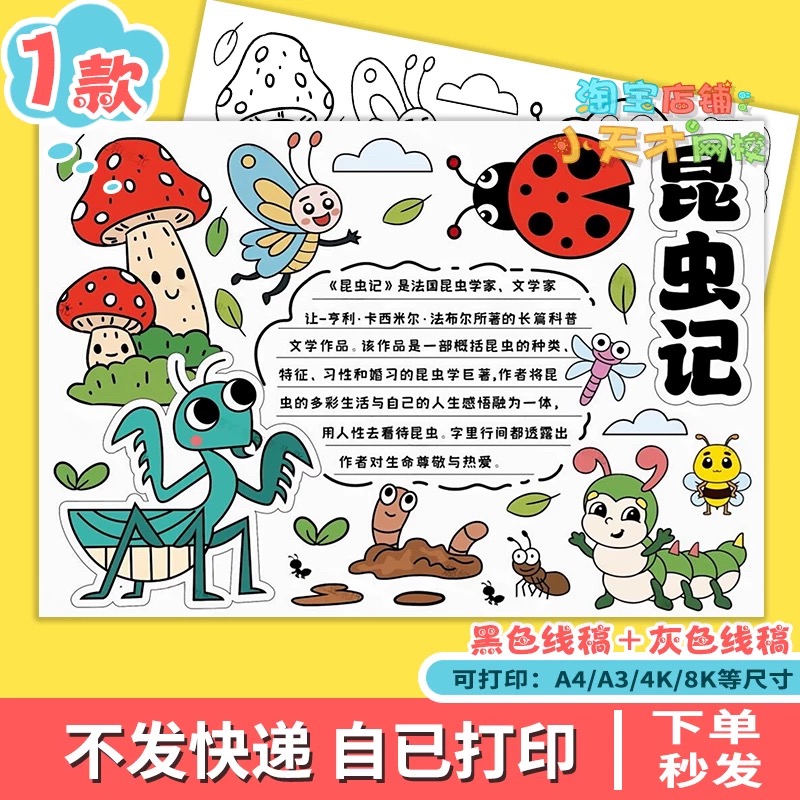 昆虫记手抄报模板电子版小学生好书推荐卡阅读读书小报线稿a3a4