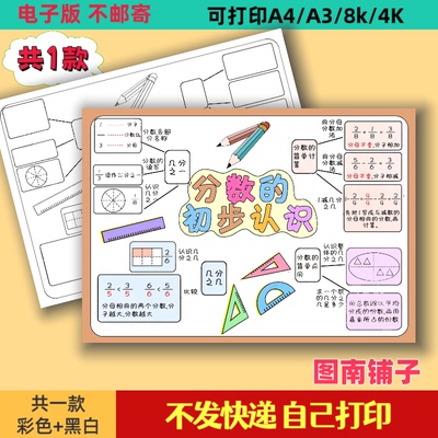 分数的初步认识手抄报模版电子版三年级数学上册黑白线稿涂色打印