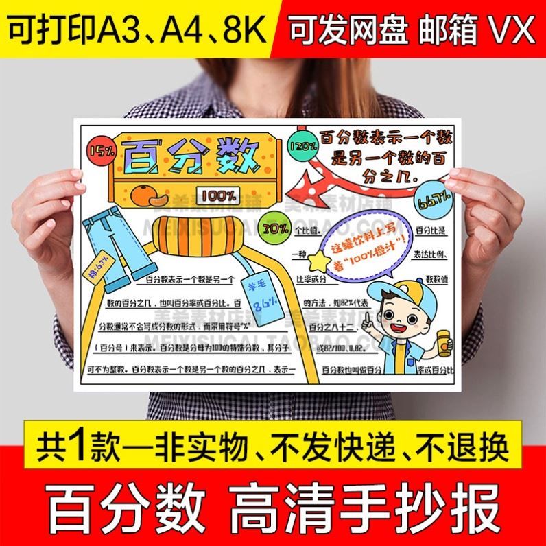 百分数手抄报模板电子版小学生趣味数学知识百分比小报黑白线稿a4
