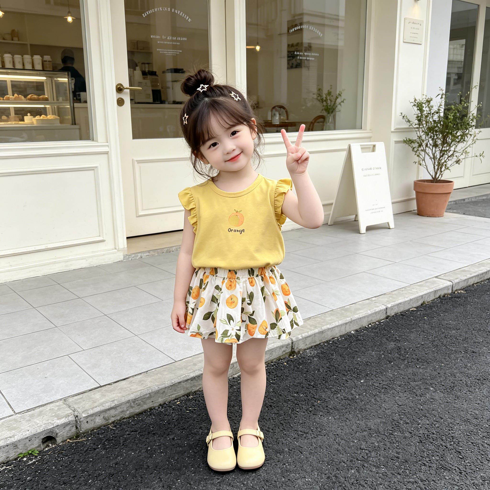 夏季女童套装宝宝洋气儿童个性潮牌韩版甜美飞袖卡通短袖碎花短裤