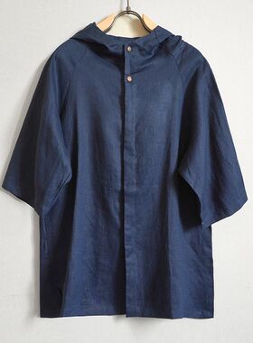 亚麻青年男士潮流宽松连帽中袖衬衫夏季薄款清凉麻料纯色宽袖T恤