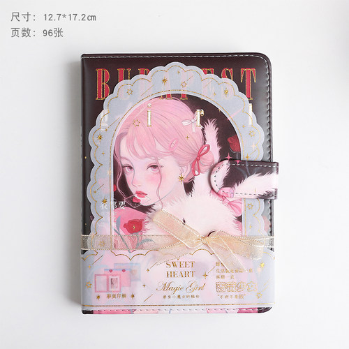 复古PU磁扣本中小学生记事本笔记本A5少女心彩页手账本日记本36k