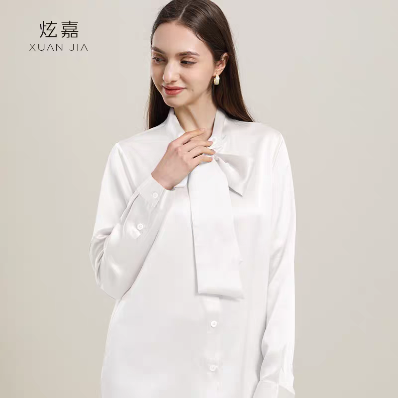 真丝衬衫秋冬新款100%桑蚕丝气质修身衬衣蝴蝶结飘带长袖女士上衣