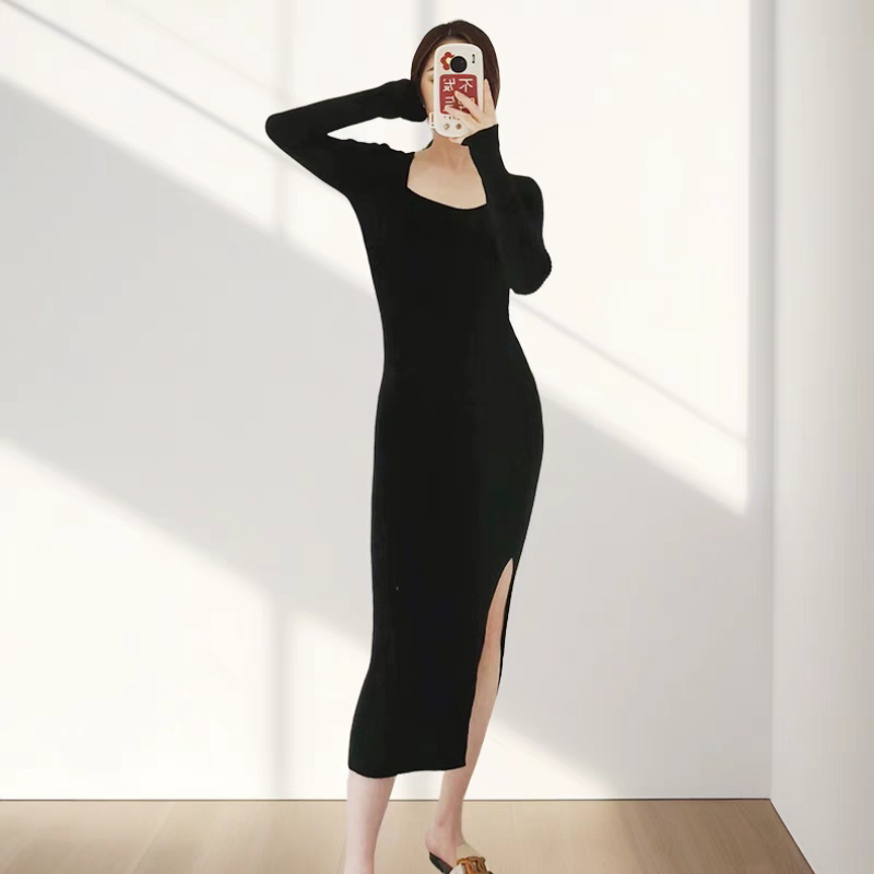 意大利专柜奢品秋冬开叉100%山羊绒长袖连衣裙巨柔软过膝修身款式
